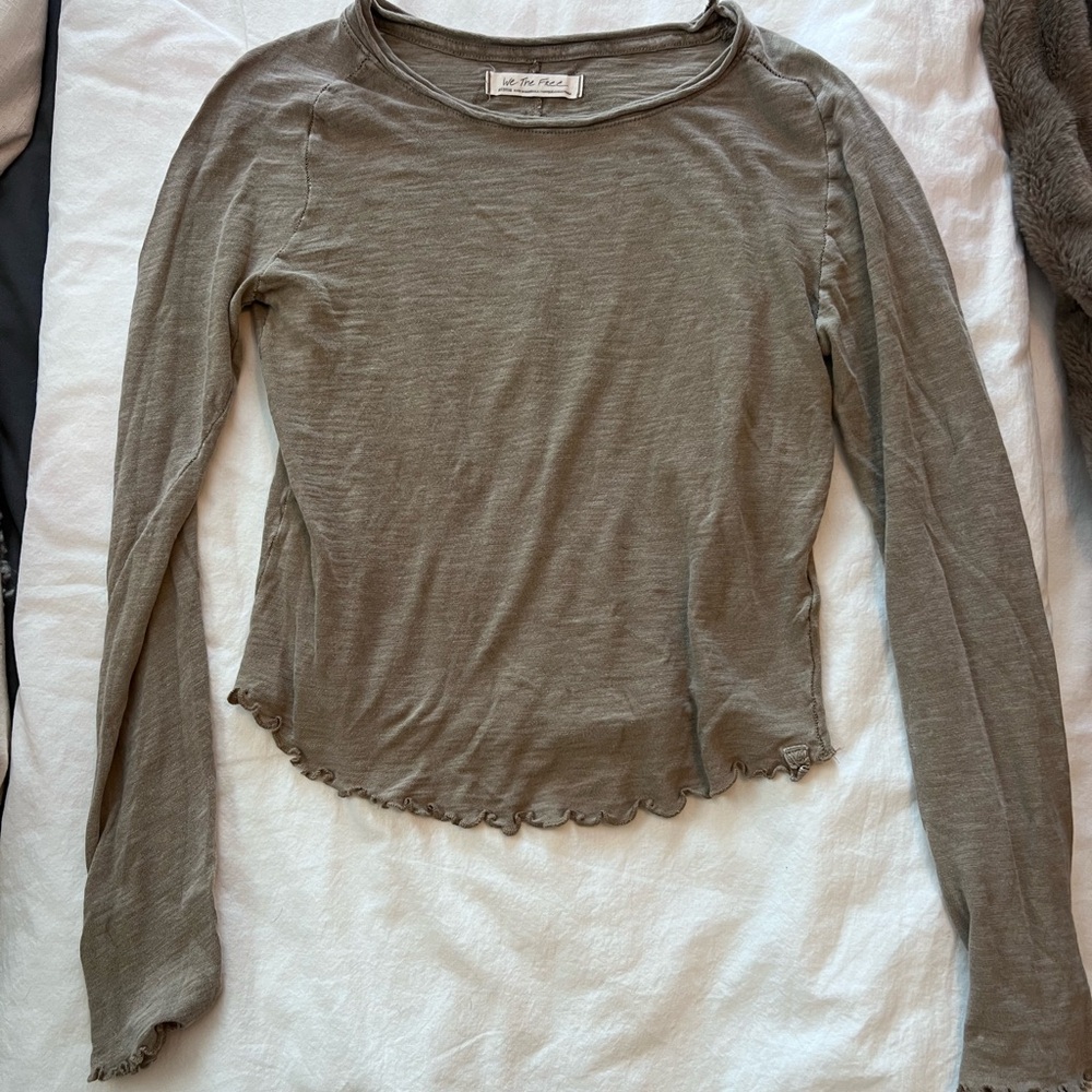Tan Free People Lettuce Trimmed Long Sleeve Top